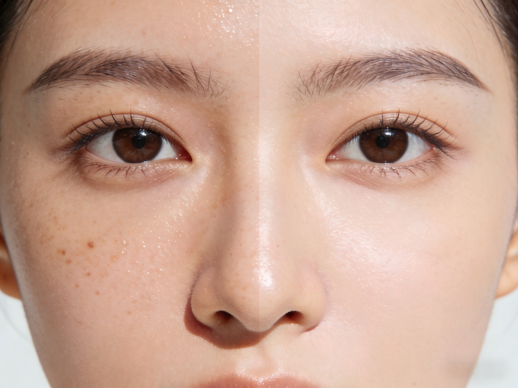 皮膚深層清潔效果對比圖，展示清除面部色斑、收細粗大毛孔及改善暗沉後的透亮細緻肌膚。