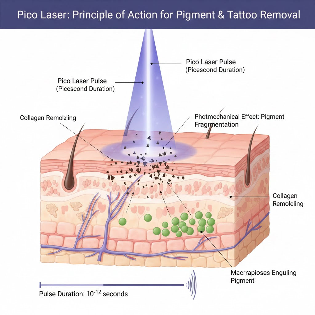 皮秒激光（Pico Laser）祛斑，皮秒激光去斑原理示意圖：利用超短脈衝光機械效應震碎黑色素，改善雀斑及曬斑，同時誘導膠原增生提升膚質。