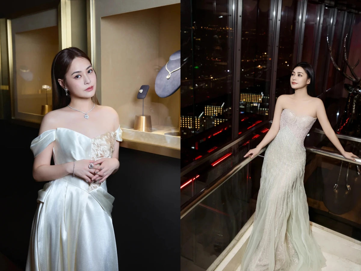 鍾欣潼阿嬌瘦身後身穿白色露肩晚裝及閃鑽長裙，展現211飲食法去水腫減肥成果。