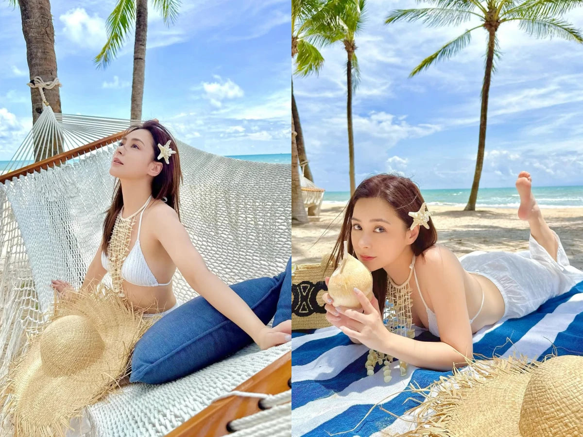 鍾欣潼穿著米色印花套裝展示瘦身成效，戶外陽光下展現纖細身型，示範211飲食法之健康體態。