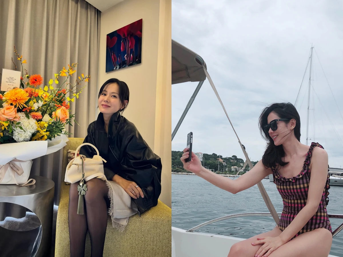 孫藝珍公開瘦身保養秘訣，示範顯瘦皮衣與格子泳衣造型，展現緊緻美腿與凍齡回春狀態。