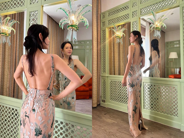 孫藝珍大露背花卉刺繡長裙造型，展現緊緻背部線條與瘦身保養成果。