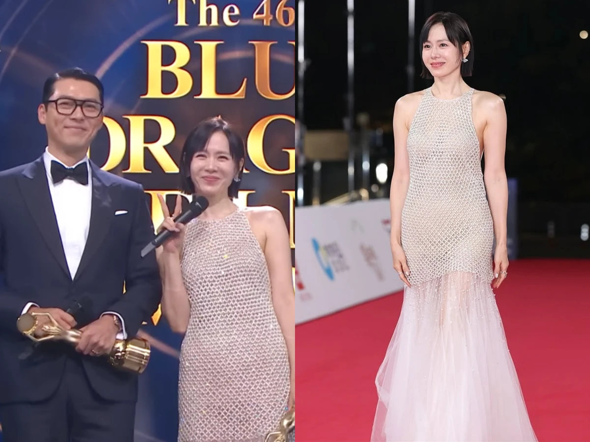 孫藝珍身穿銀色亮片魚尾禮服出席頒獎典禮，展現修長美腿與纖細窈窕身材，分享凍齡保養與瘦身秘訣。