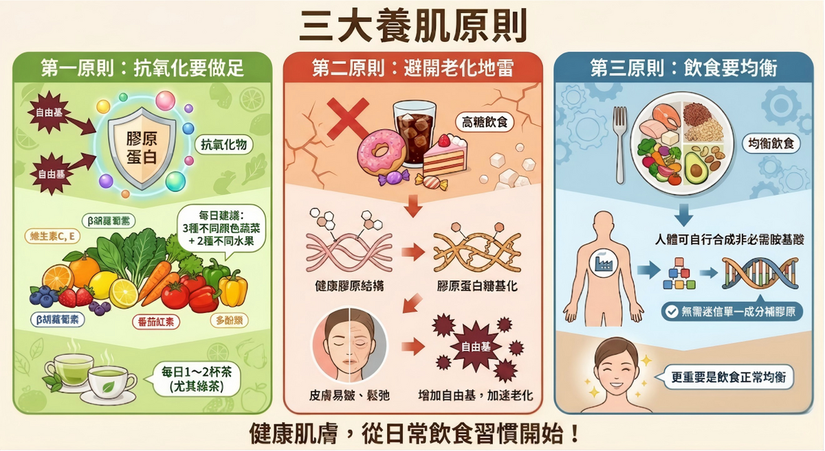 三大養肌原則：1、抗氧化、避開老化地雷、飲食均衡