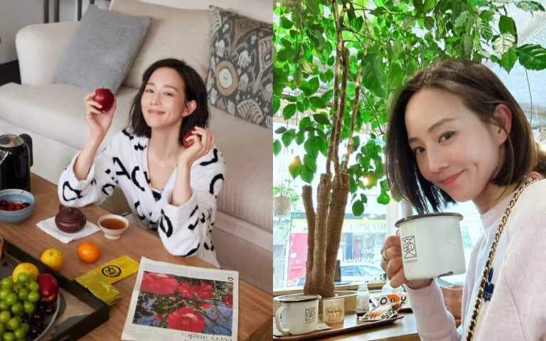 張鈞甯居家健康生活照，展示茶飲水果與室內綠植，體現日常放鬆身心及改善肩頸體態的保養美學。