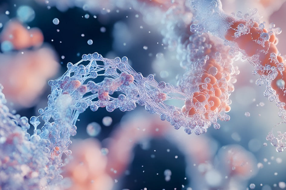 外泌體醫美修復原理3D示意圖，藍粉色分子結構展現細胞再生與抗衰老科技。