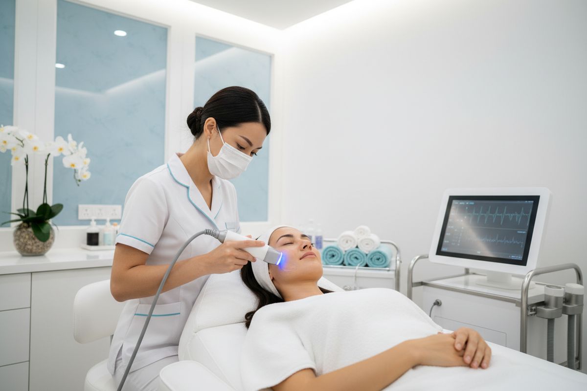 專業醫美人員操作單極射頻儀器，為客人進行面部緊膚提拉療程，改善皮膚鬆弛、細紋及重塑輪廓線條。