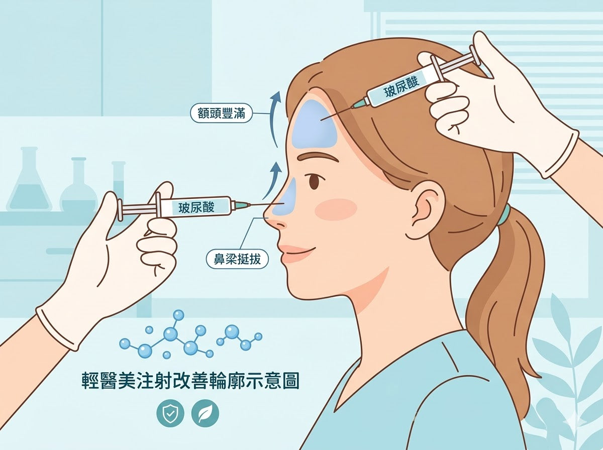 玻尿酸填充鼻子額頭輕醫美注射改善輪廓示意圖 Hyaluronic acid dermal filler injection nose and forehead aesthetic clinic illustration