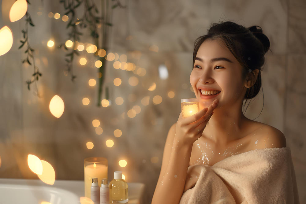 女生夜晚自我保養儀式感護膚點蠟燭me time self care night skincare ritual for Asian woman with candles