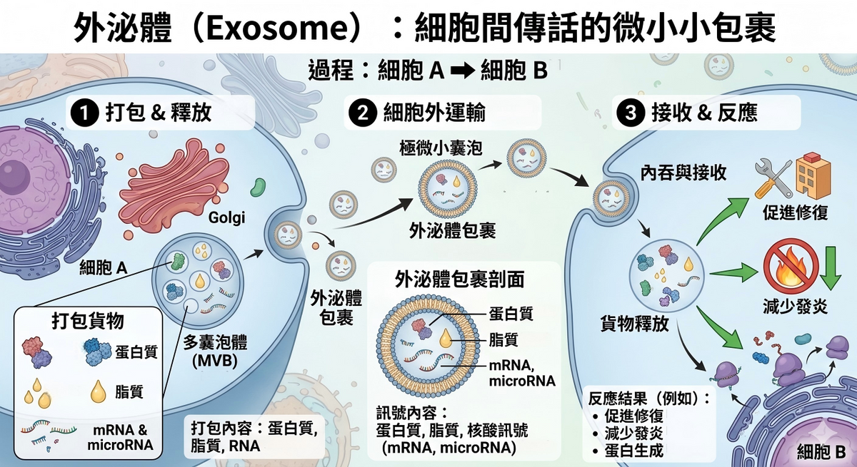 外泌體原理圖解：展示細胞間傳遞蛋白質及RNA訊息，具備促進皮膚修復、減少發炎及醫美抗衰老功效。