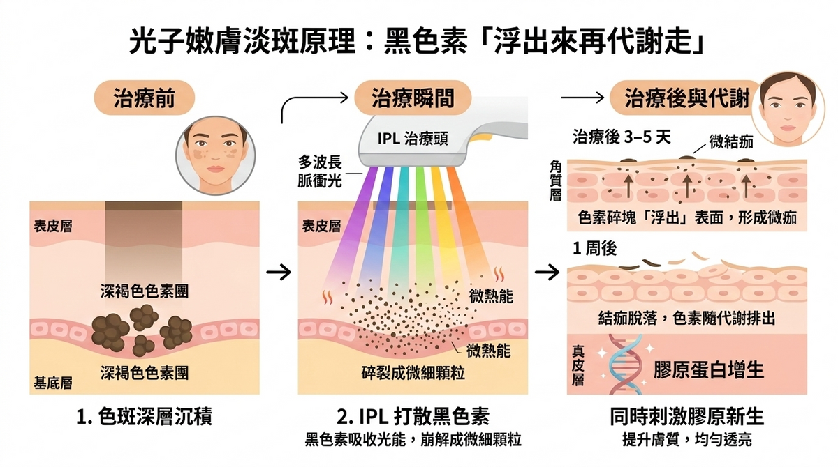 光子嫩膚淡斑原理 IPL脈衝光擊碎黑色素示意 | IPL photofacial pigmentation removal mechanism skin diagram

