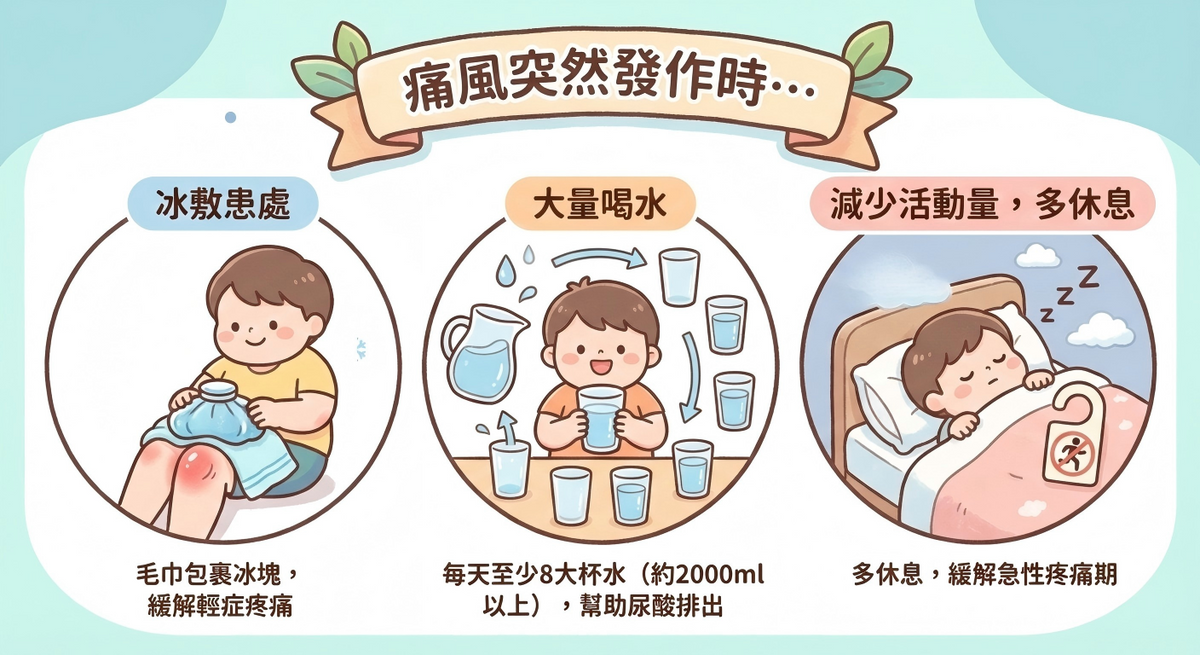 痛風急性發作處理指南：冰敷緩解關節腫痛、多喝水促進尿酸排出、充足休息減少活動。