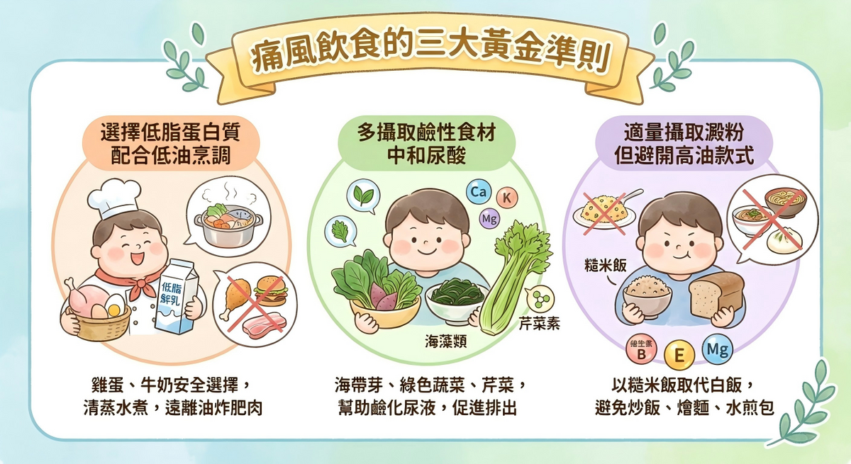 痛風飲食三大準則圖解：攝取低脂蛋白質及鹼性食材中和尿酸，選糙米飯避開高油澱粉。