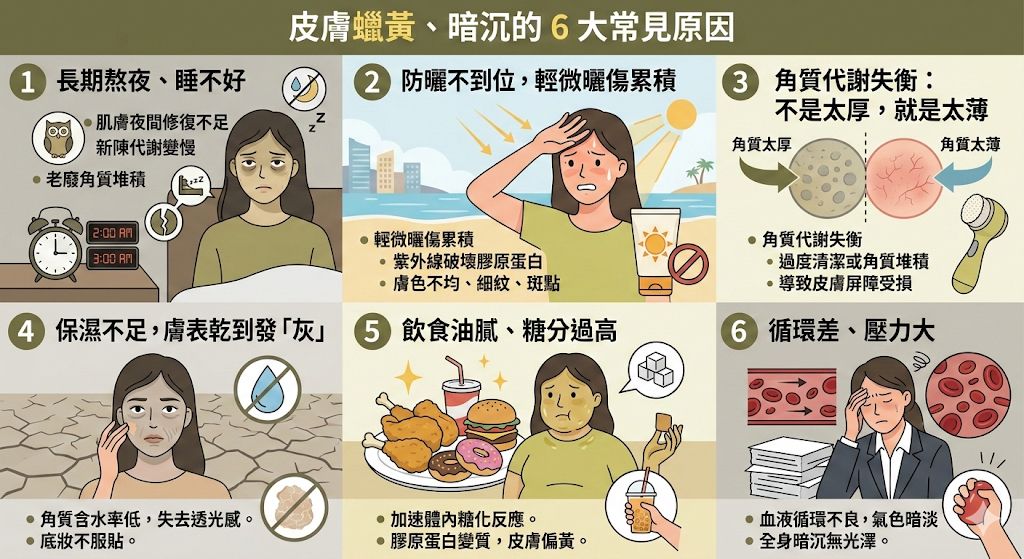 皮膚蠟黃暗沉6大原因分析圖：包含熬夜、防曬不足、角質層受損、肌膚乾燥、高糖飲食及壓力對氣色的影響。