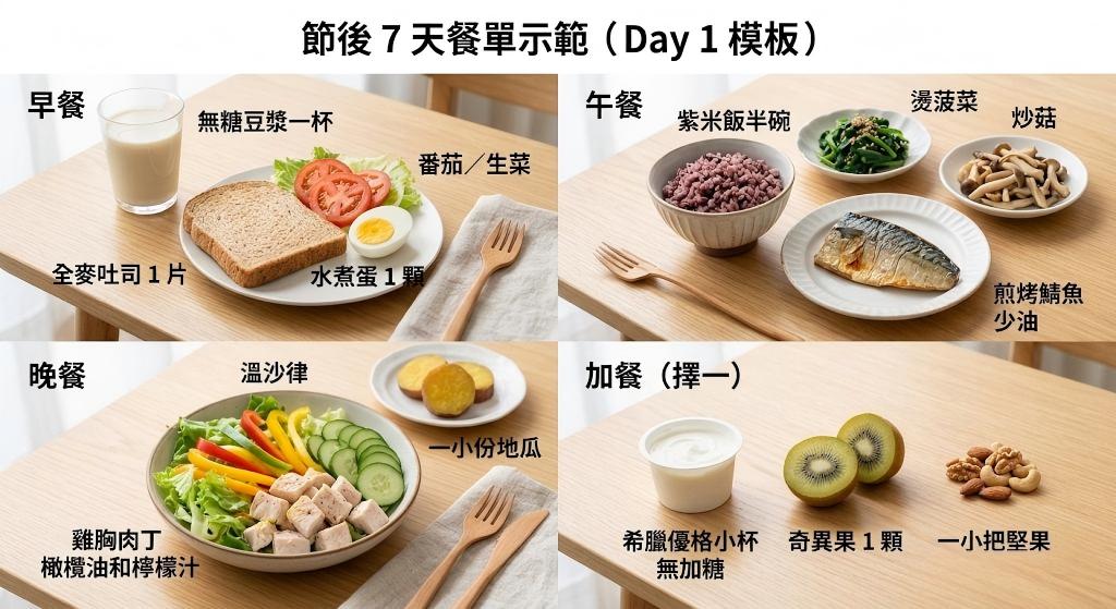 節後清腸減肥食譜：7天輕卡餐單示範，含煎鯖魚、紫米飯、雞胸肉沙律及健康零食，助排毒去水腫。