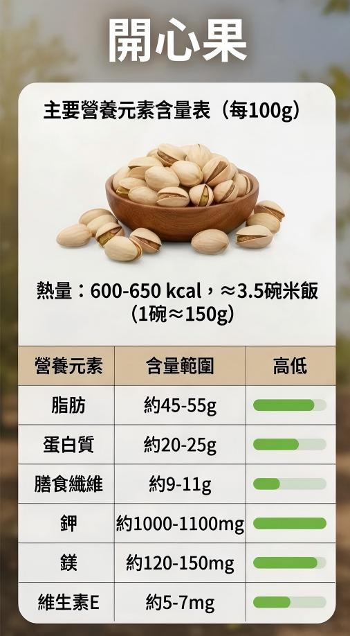 開心果營養成分圖，含葉黃素、蛋白質、健康脂肪及多種維他命礦物質