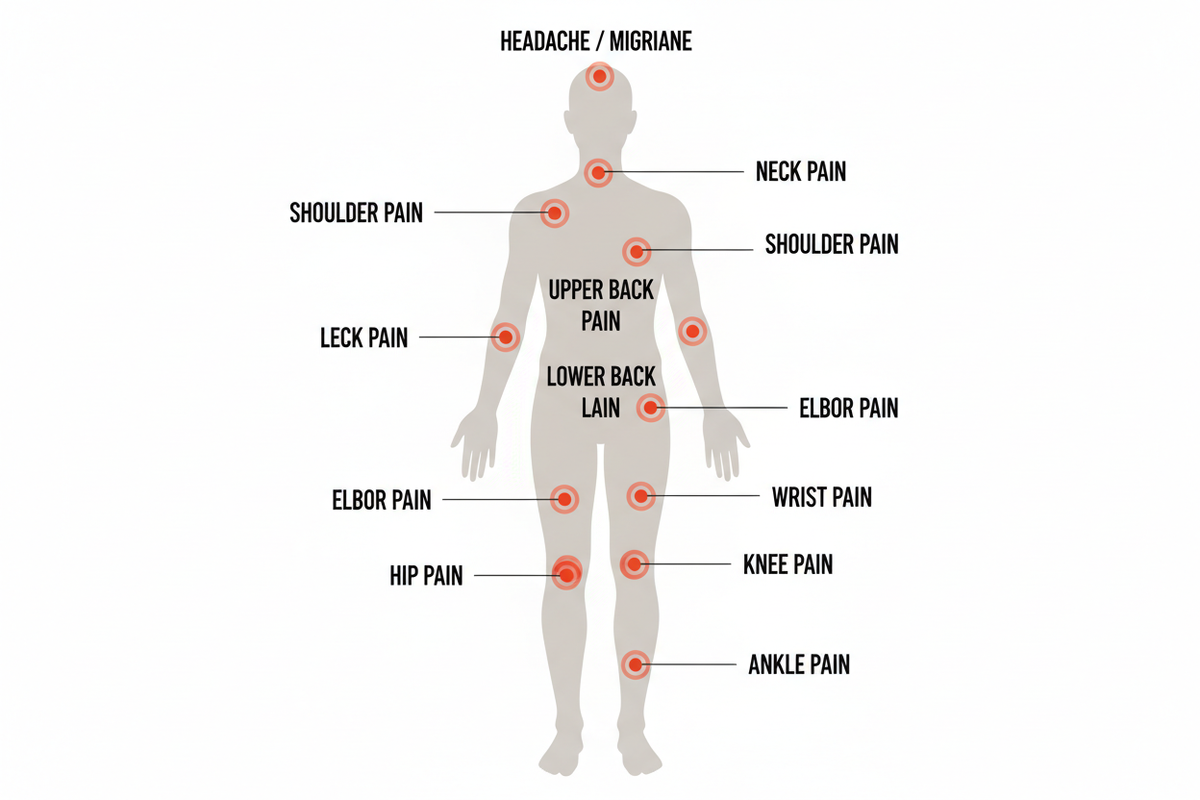 human body pain points diagram 人體全身痠痛部位圖解，標示偏頭痛、肩頸腰背痛及關節痛點，用於解說慢性痛症與經絡氣血循環理療。
