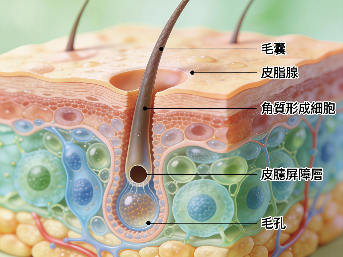 3D皮膚組織解剖圖，顯示毛孔、皮脂腺及毛囊構造，說明醫學美容深層清潔與黑頭粉刺淨化原理。