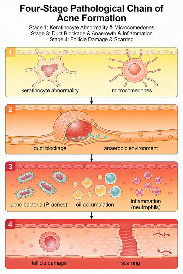 暗瘡形成四階段病理圖解：展示角質異常、毛孔堵塞、油脂堆積及細菌發炎留疤過程。