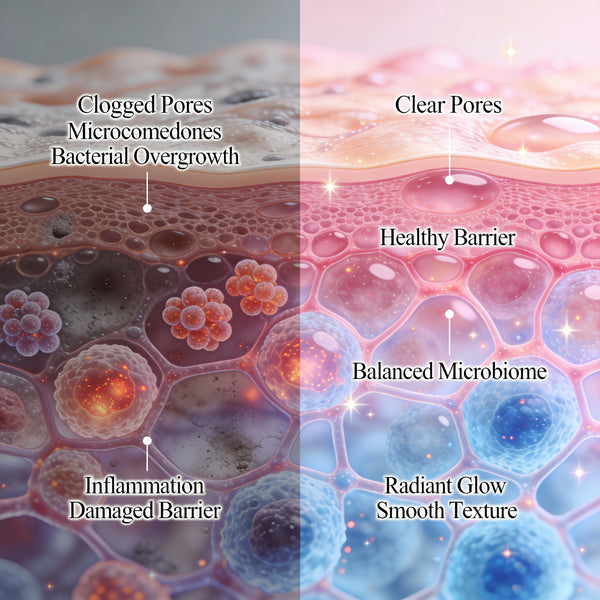 醫學深層清潔皮膚對比：展示改善毛孔堵塞、微粉刺及屏障受損，重塑健康肌膚生態，令膚質恢復水潤透亮。